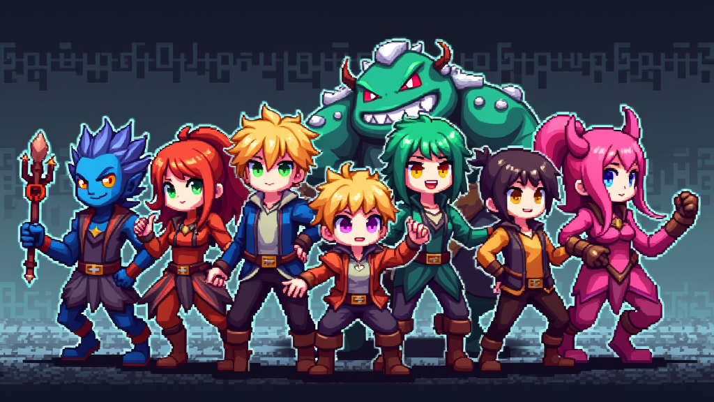 Colorful pixel art characters lined up on a grid against a soft, retro-inspired background.